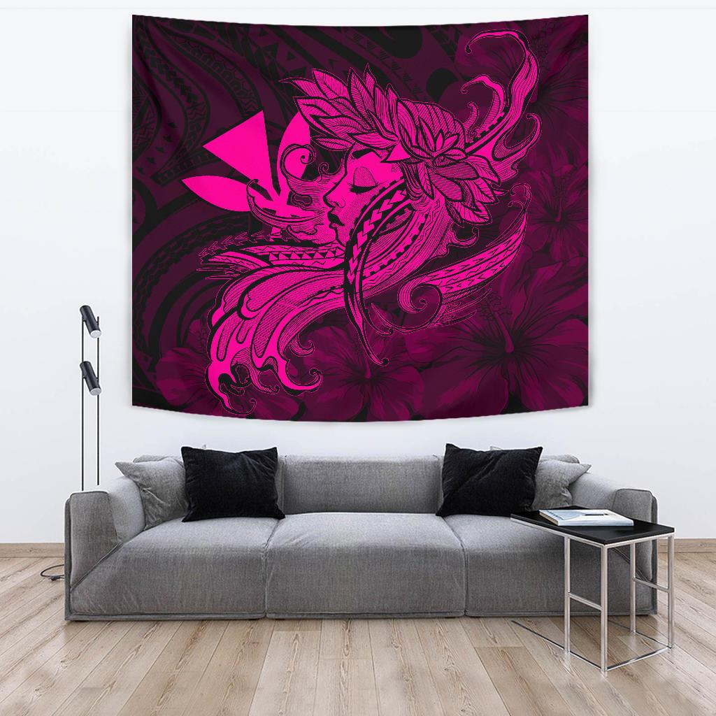 Hula Girl Hibiscus Kanaka Poly Tapestry - Pink Wall Tapestry Large 104" x 88" Pink - Polynesian Pride