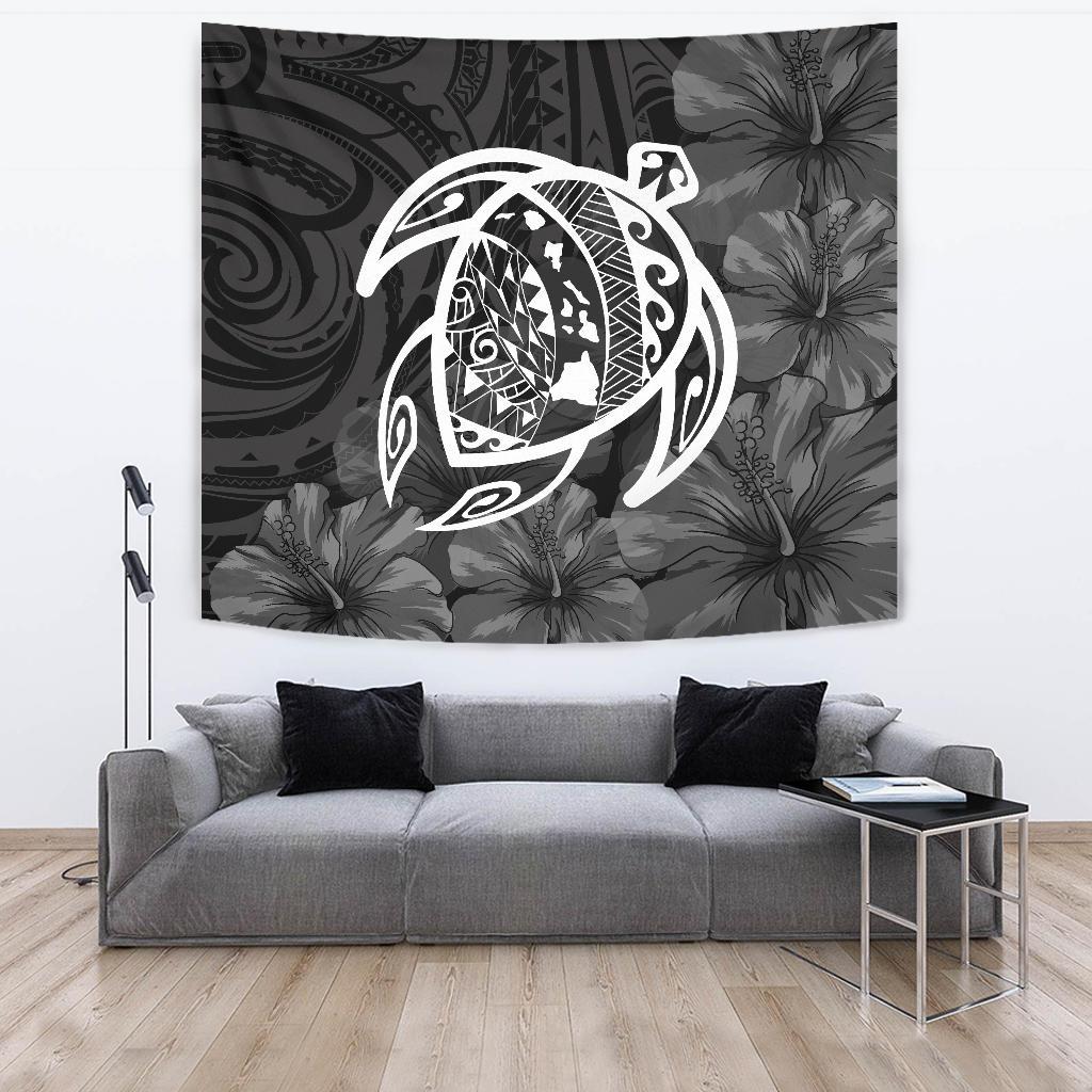 Hawaii Turtle Kanaka Map Hibiscus Poly Tapestry - White Wall Tapestry Large 104" x 88" White - Polynesian Pride