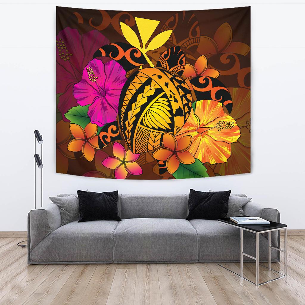 Hawaii Turtle Tribal Map Hibiscus Plumeria Tapestry Wall Tapestry Large 104" x 88" Orange - Polynesian Pride