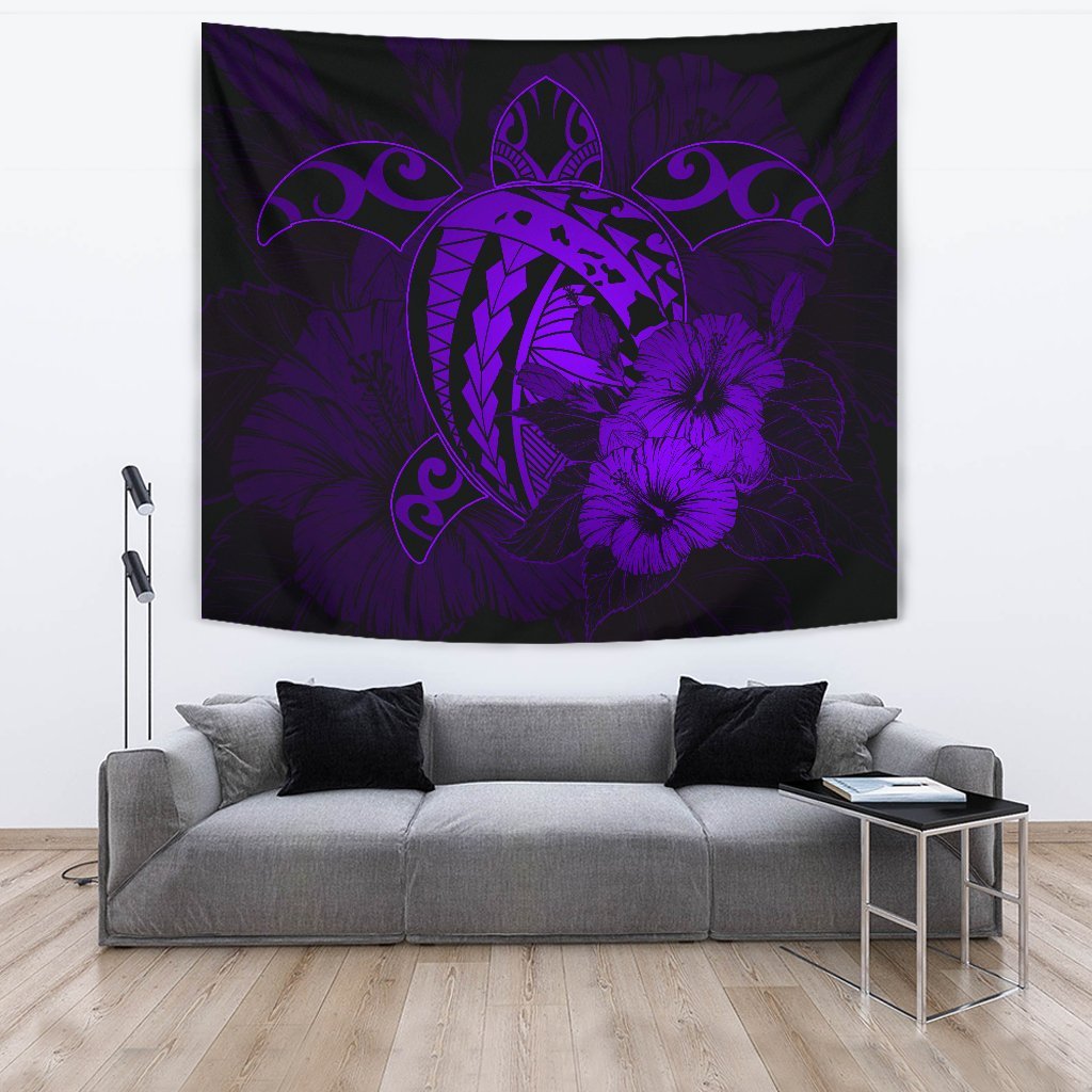 Hawaii Hibiscus Tapestry - Harold Turtle - Purple Wall Tapestry Large 104" x 88" Purple - Polynesian Pride
