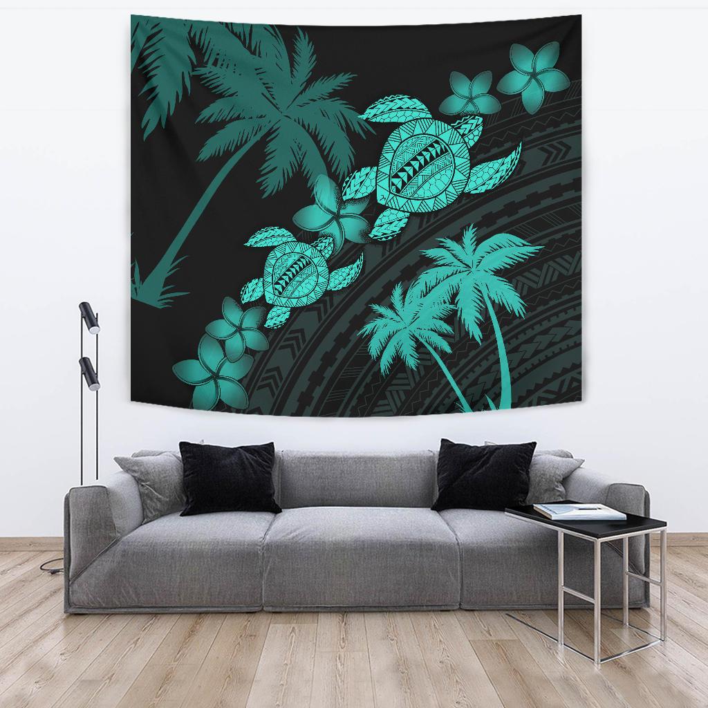 Hawaii Turtle Plumeria Coconut Tree Polynesian Tapestry - Turquoise Wall Tapestry Turquoise - Polynesian Pride