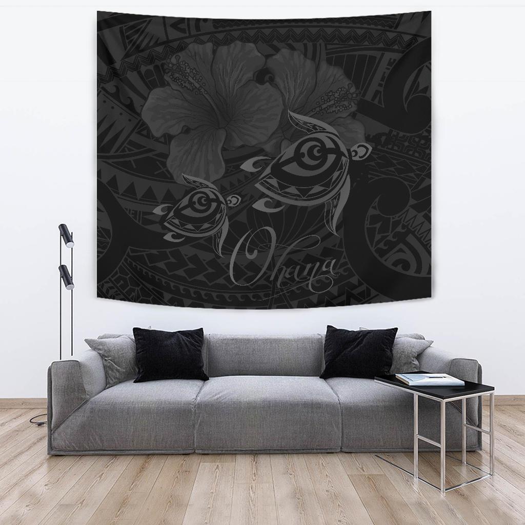 Hawaii Turtle Ohana Hibiscus Poly Tapestry - Gray Wall Tapestry Large 104" x 88" Gray - Polynesian Pride