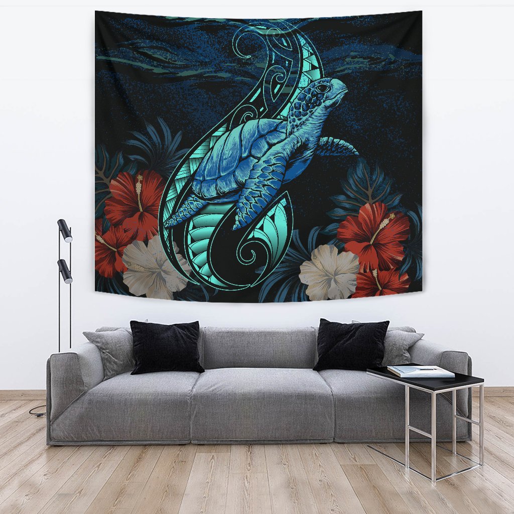 Hawaii Polynesian Honu Sea Hibiscus Tapestry Wall Tapestry Black - Polynesian Pride