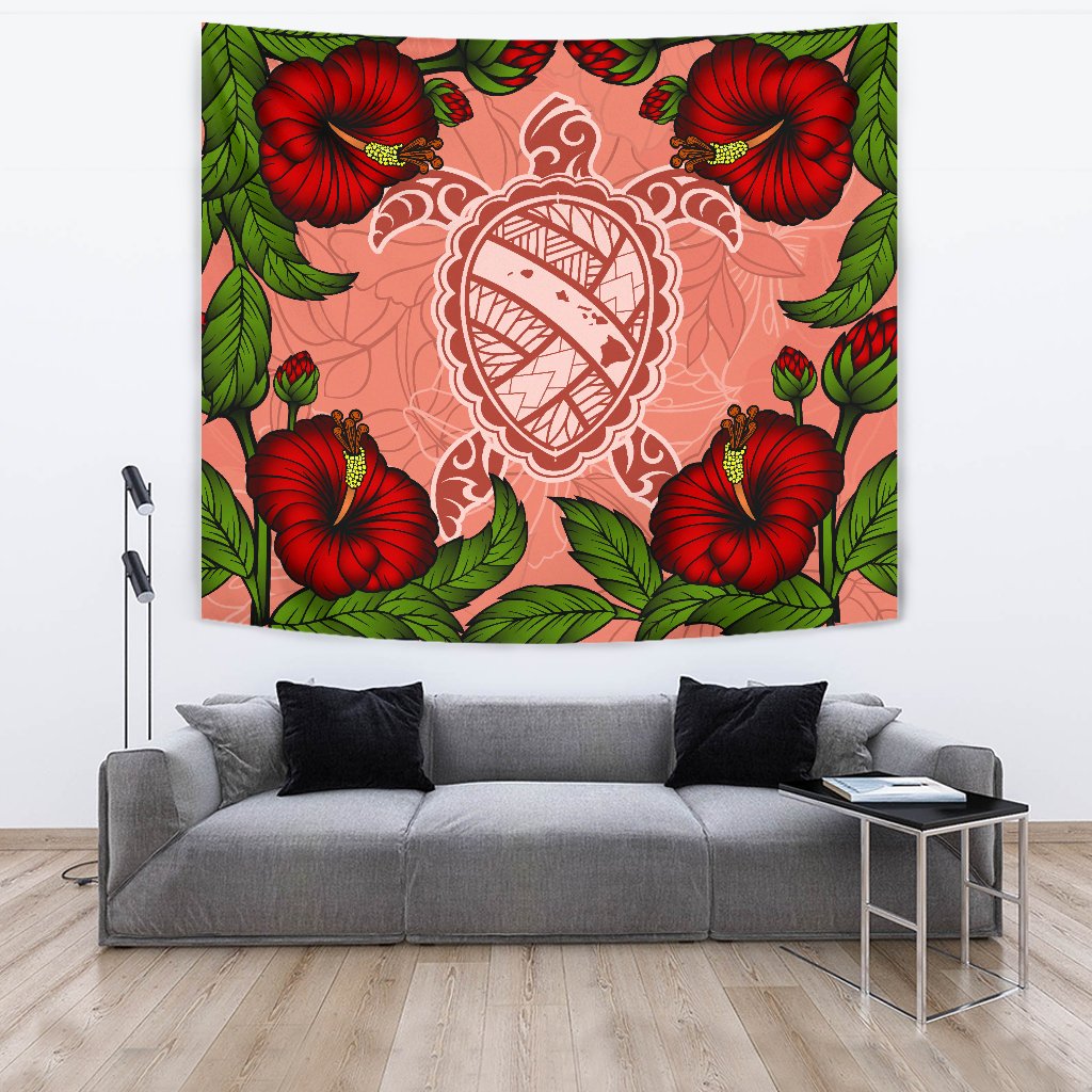 Hawaii Turtle Hibiscus Pink Tapestry - Fide Style Wall Tapestry Pink - Polynesian Pride