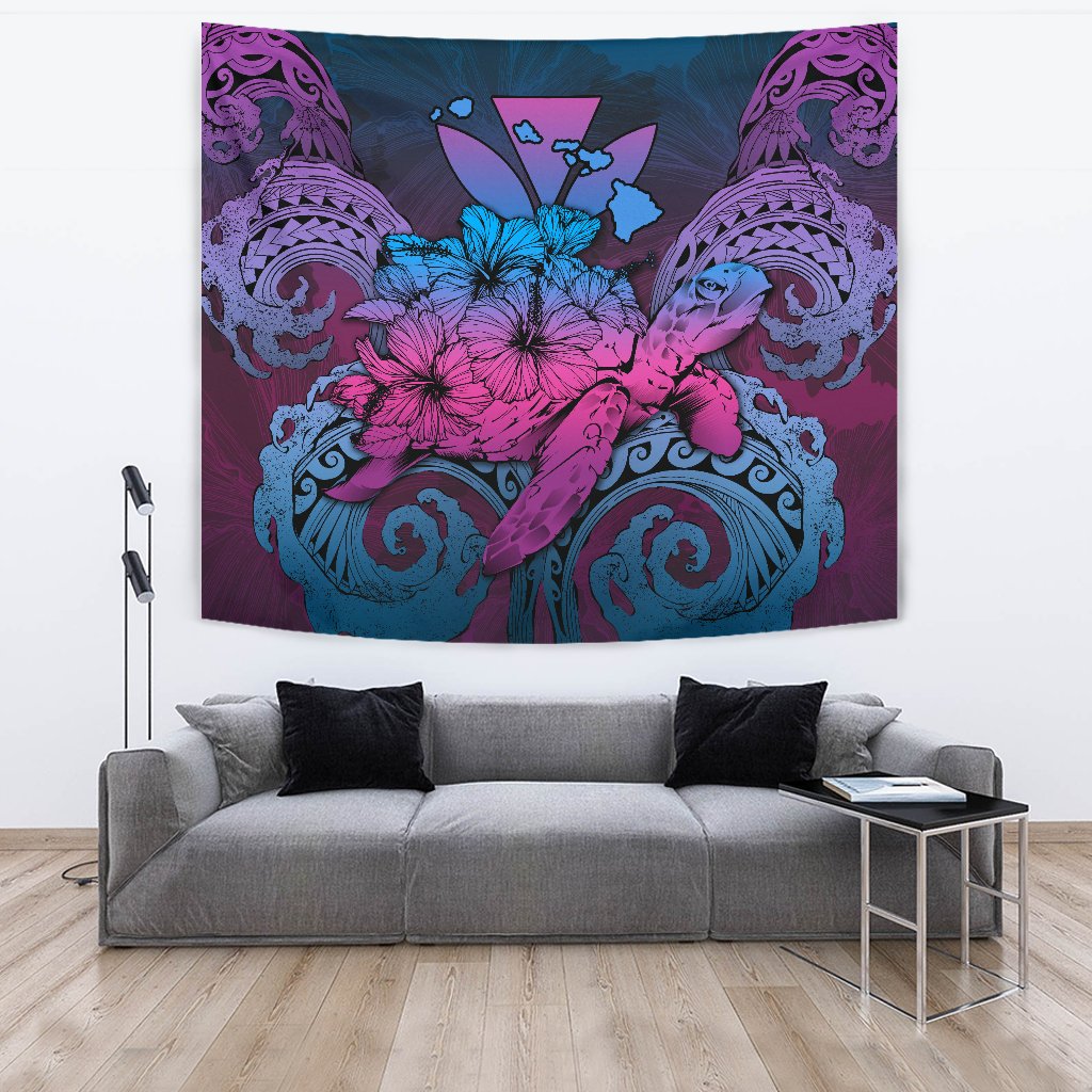 Hawaii Turtle Wave Polynesian Tapestry - Hey Style Blue Wall Tapestry Blue - Polynesian Pride