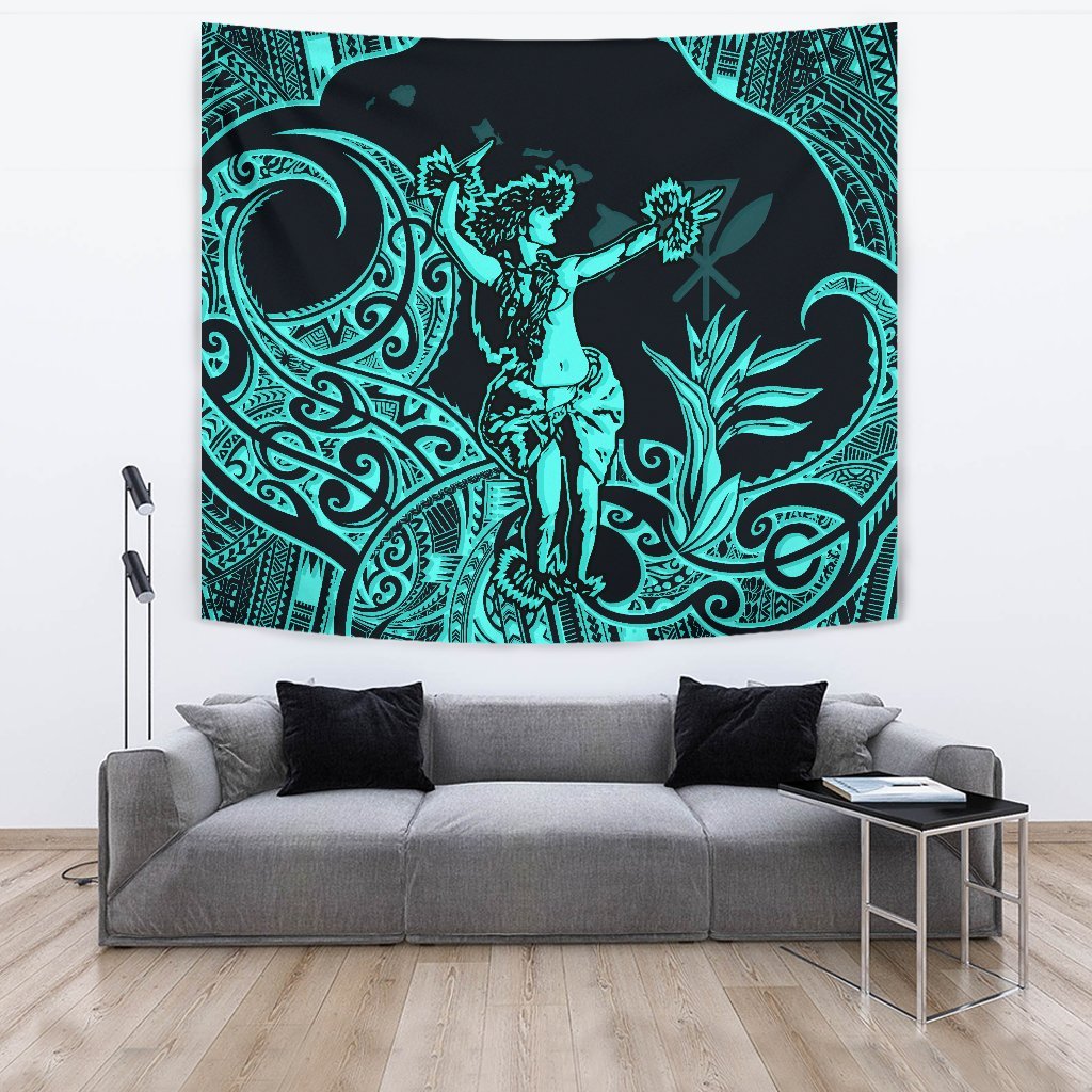 Hawaii Polynesian Tapestry - Hula Girl Neon Blue One Style Large 104" x 88" Blue - Polynesian Pride