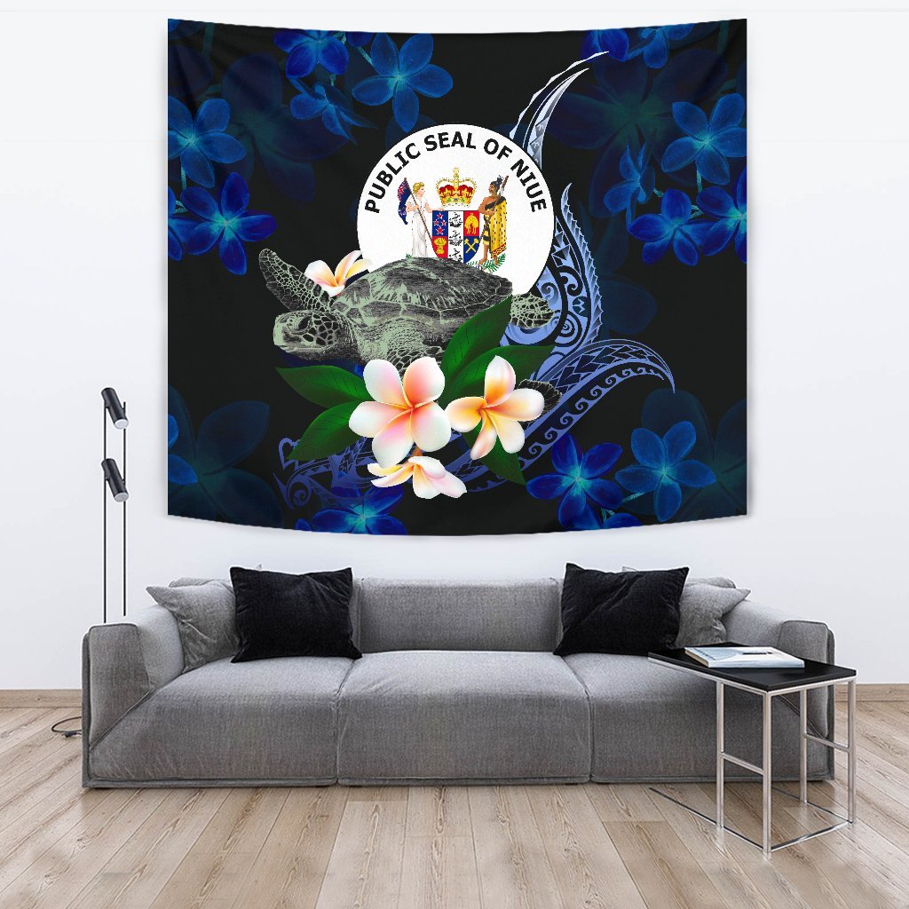 Niue Polynesian Tapestry - Turtle With Plumeria Flowers One Style Large 104" x 88" Blue - Polynesian Pride