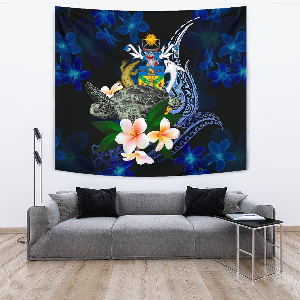 Solomon Islands Polynesian Tapestry - Turtle With Plumeria Flowers One Style Large 104" x 88" Blue - Polynesian Pride