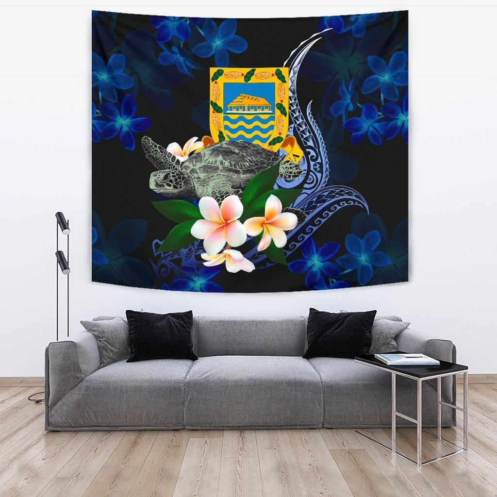 Tuvalu Polynesian Tapestry - Turtle With Plumeria Flowers One Style Large 104" x 88" Blue - Polynesian Pride