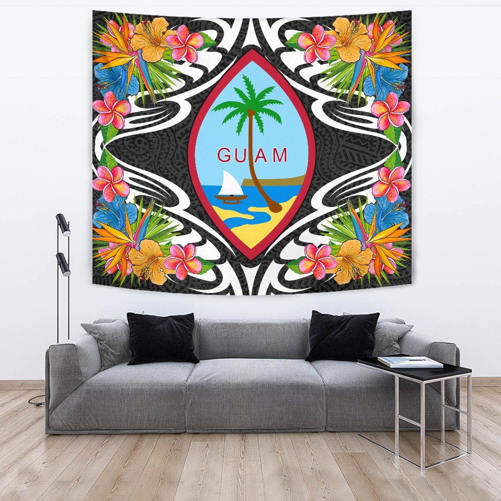 Guam Tapestrys - Tropical Flowers Style Wall Tapestry - Guam Large 104" x 88" Black - Polynesian Pride