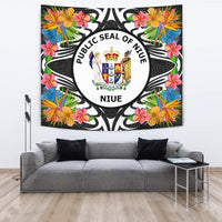 Niue Tapestrys - Tropical Flowers Style Wall Tapestry - Niue Large 104" x 88" Black - Polynesian Pride