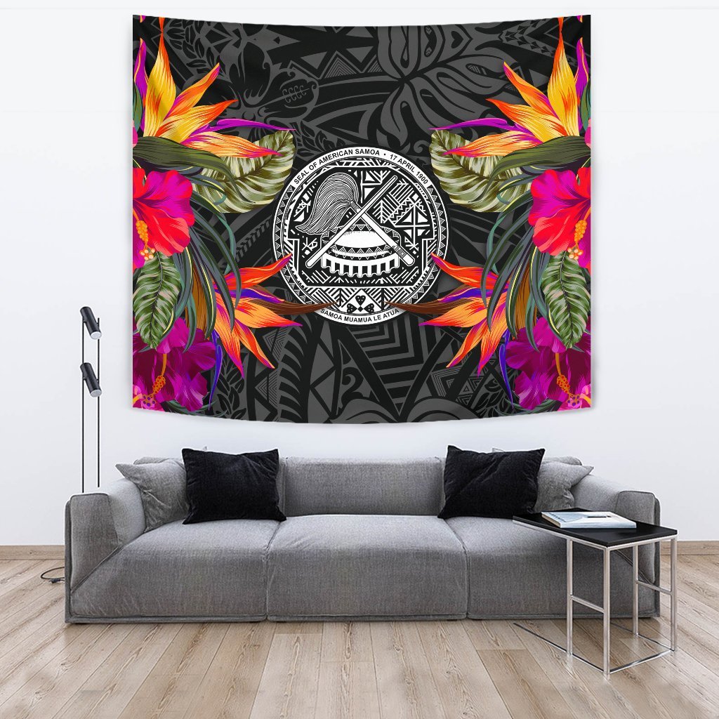 American Samoa Slide Tapestry - Polynesian Hibiscus Pattern Wall Tapestry Large 104" x 88" Black - Polynesian Pride