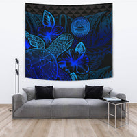 American Samoa Tapestry - Turtle Hibiscus Pattern Blue Wall Tapestry Large 104" x 88" Blue - Polynesian Pride