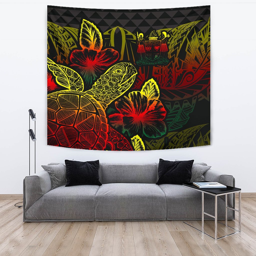 Fiji Tapestry - Turtle Hibiscus Pattern Reggae Wall Tapestry Large 104" x 88" Reggae - Polynesian Pride