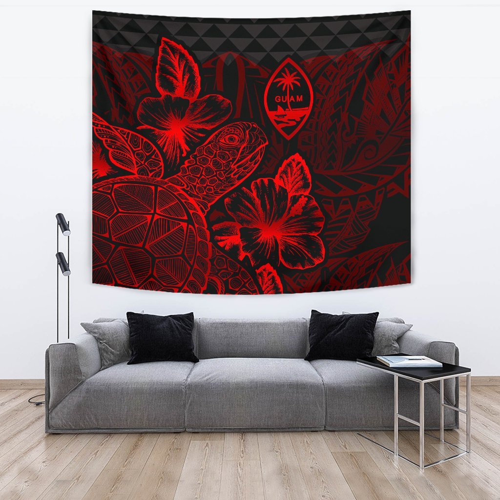 Guam Tapestry - Turtle Hibiscus Pattern Red Wall Tapestry Large 104" x 88" Red - Polynesian Pride