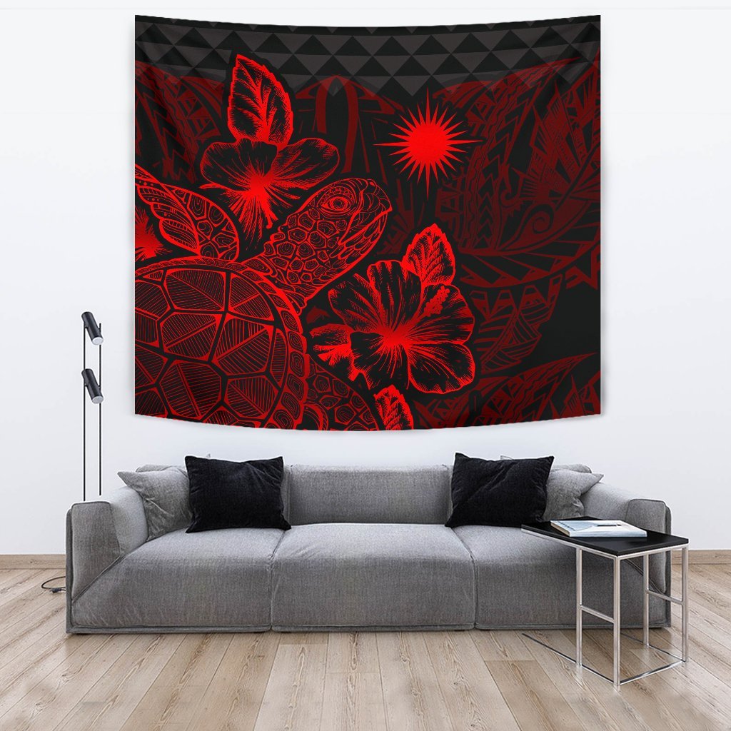 Marshall Islands Tapestry - Turtle Hibiscus Pattern Red Wall Tapestry Large 104" x 88" Red - Polynesian Pride