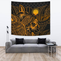 Northern Mariana Islands Tapestry - Turtle Hibiscus Pattern Gold Wall Tapestry Large 104" x 88" Gold - Polynesian Pride