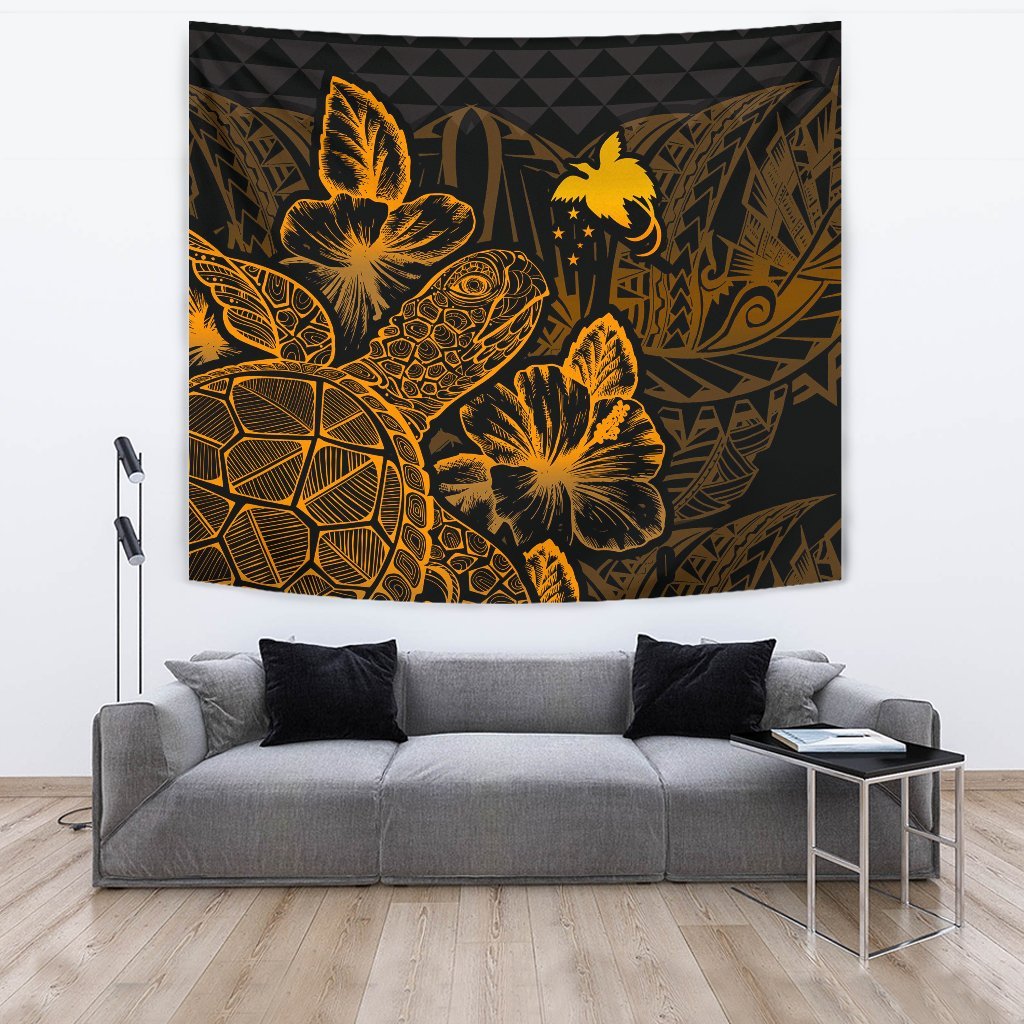 Papua New Guinea Tapestry - Turtle Hibiscus Pattern Gold Wall Tapestry Large 104" x 88" Gold - Polynesian Pride