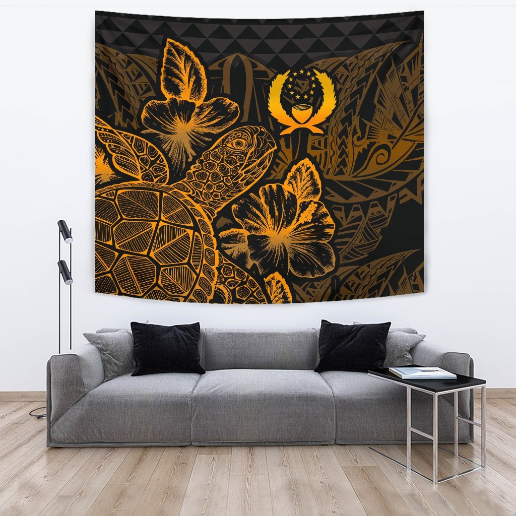 Pohnpei Tapestry - Turtle Hibiscus Pattern Gold Wall Tapestry Large 104" x 88" Gold - Polynesian Pride