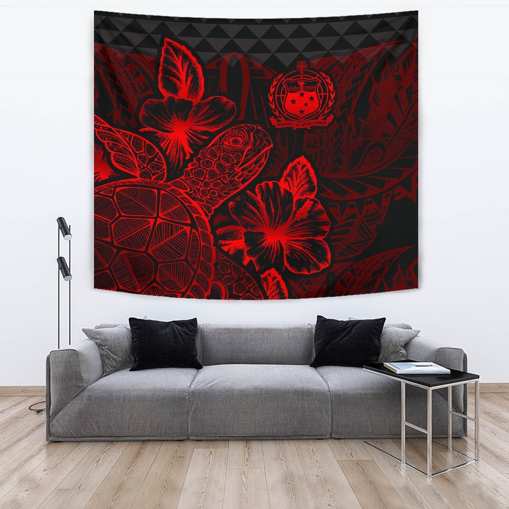 Samoa Tapestry - Turtle Hibiscus Pattern Red Wall Tapestry Large 104" x 88" Red - Polynesian Pride