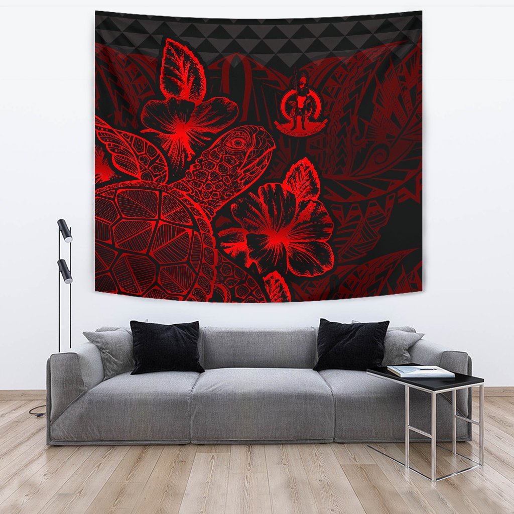 Vanuatu Tapestry - Turtle Hibiscus Pattern Red Wall Tapestry Large 104" x 88" Red - Polynesian Pride
