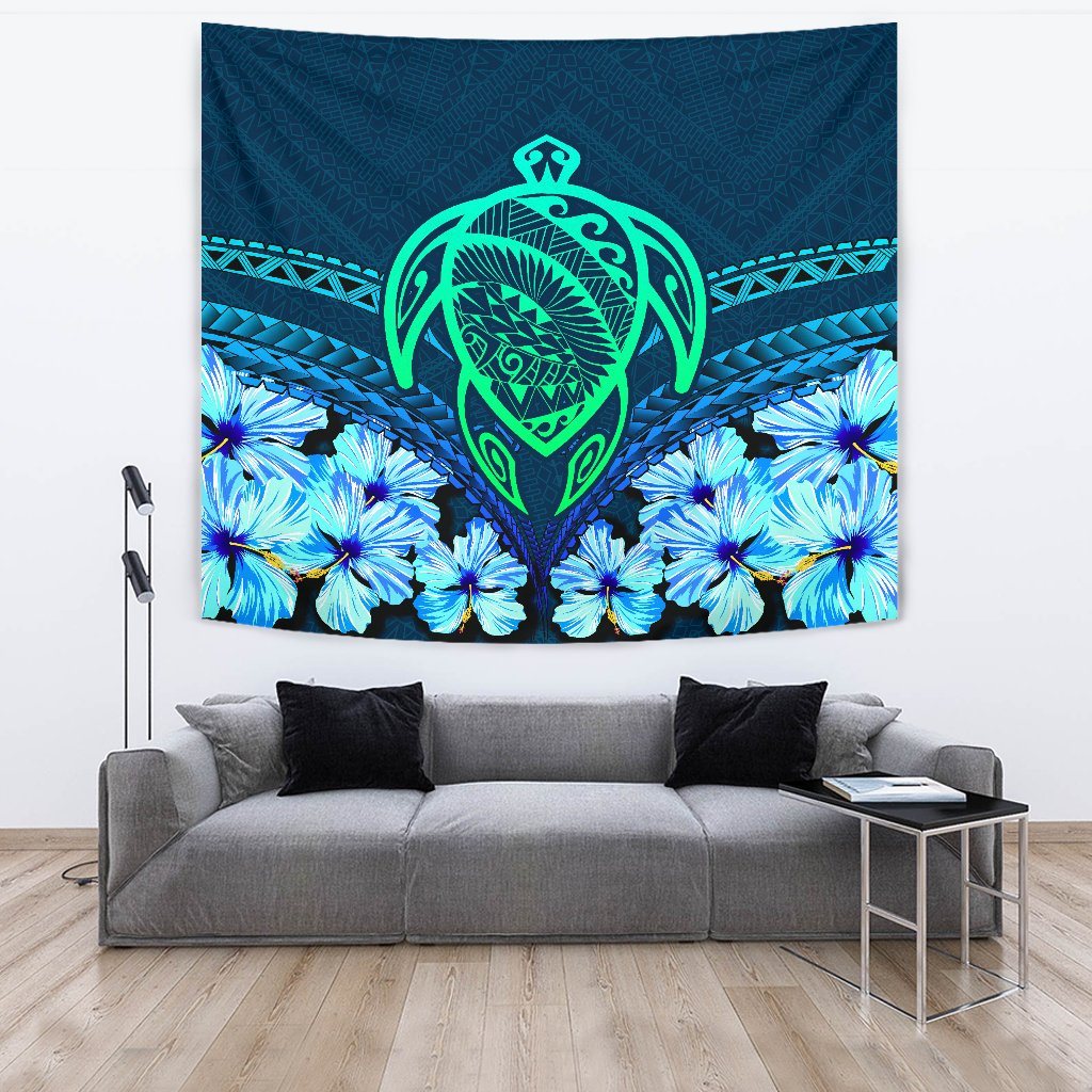 Hawaii Turtle Hibiscus Tapestry - Choco Style Wall Tapestry Blue - Polynesian Pride