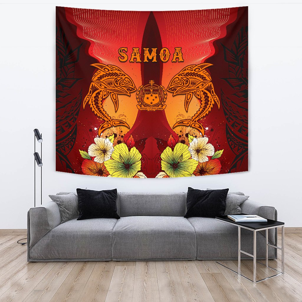 Samoa Tapestries - Tribal Tuna Fish Wall Tapestry Large 104" x 88" Orange - Polynesian Pride