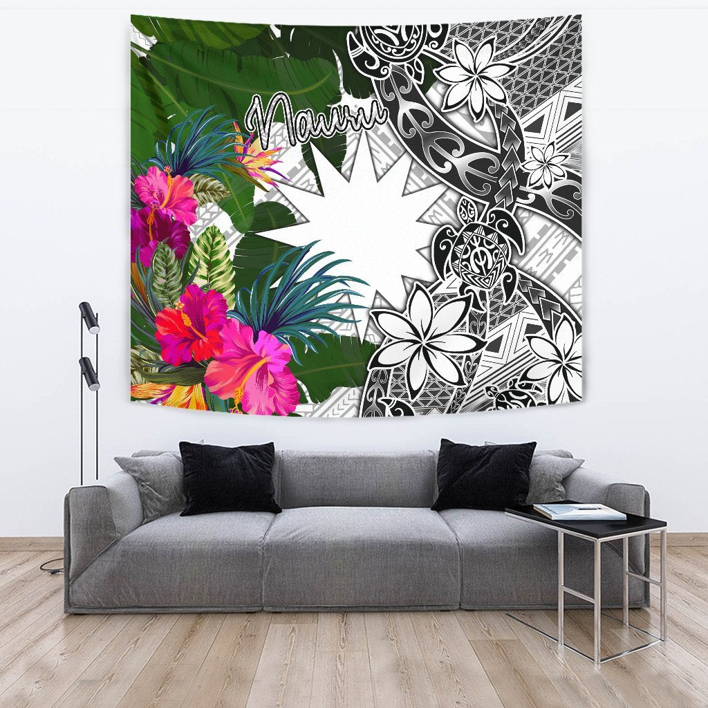 Nauru Tapestry White - Turtle Plumeria Banana Leaf - Polynesian Pride