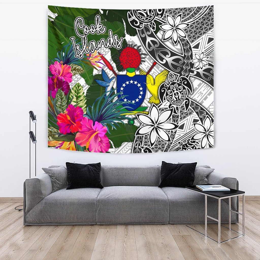 Cook Islands Tapestry White - Turtle Plumeria Banana Leaf - Polynesian Pride