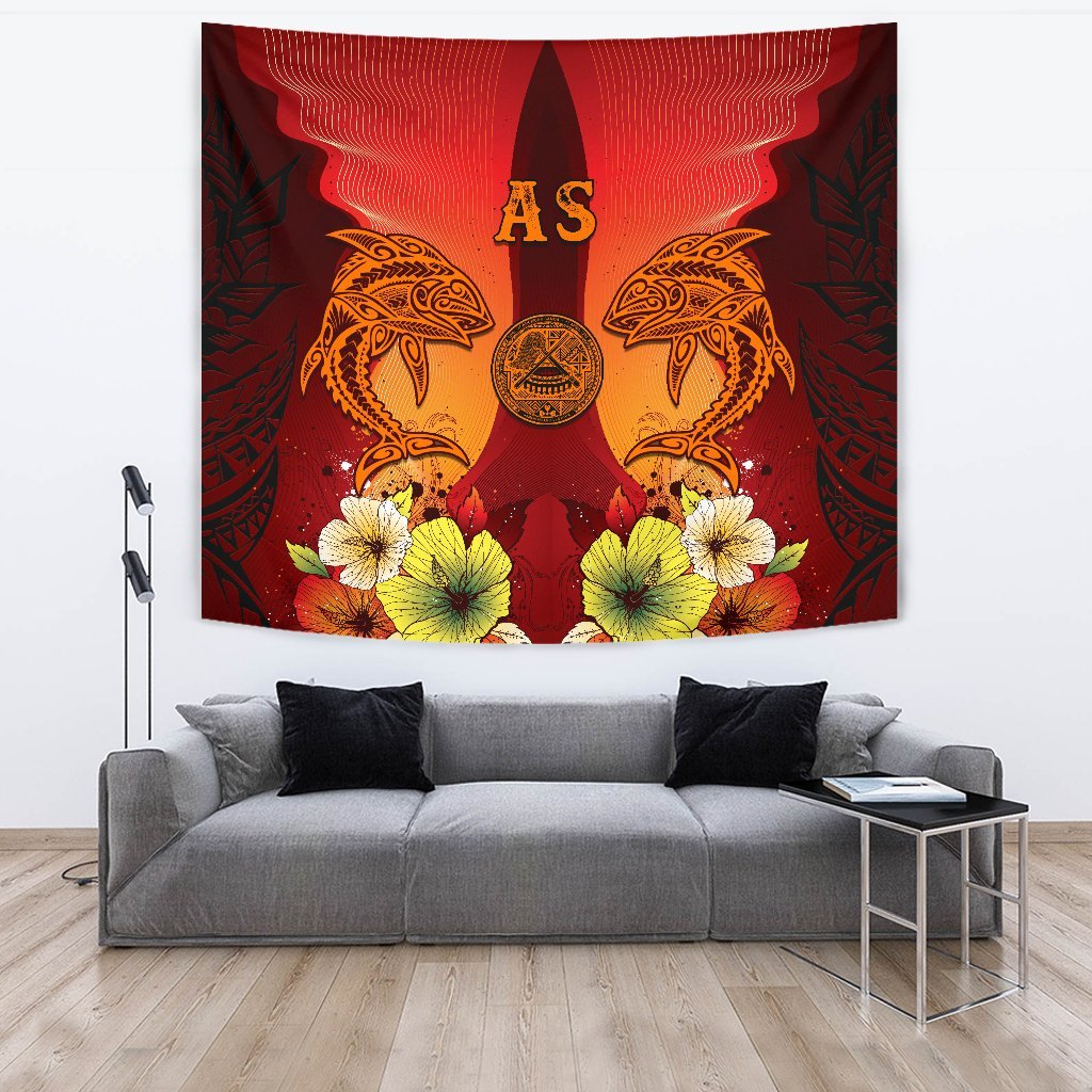 American Samoa Tapestries - Tribal Tuna Fish Wall Tapestry Orange - Polynesian Pride