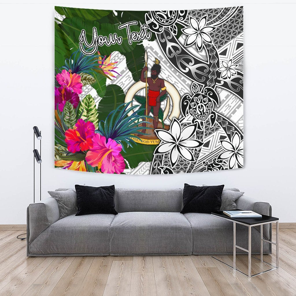 Vanuatu Custom Personalised Tapestry White - Turtle Plumeria Banana Leaf - Polynesian Pride