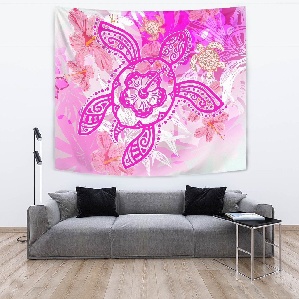 Hawaii Turtle Hibiscus Tapestry - Dreamy Style - AH Wall Tapestry Large 104" x 88" Pink - Polynesian Pride