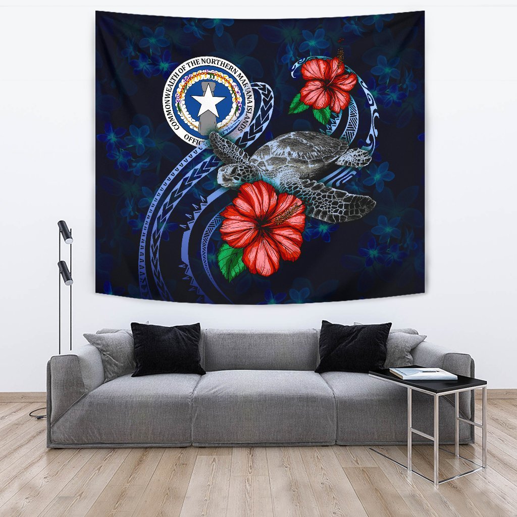 Northern Mariana Islands Polynesian Tapestry - Blue Turtle Hibiscus One Style Large 104" x 88" Blue - Polynesian Pride