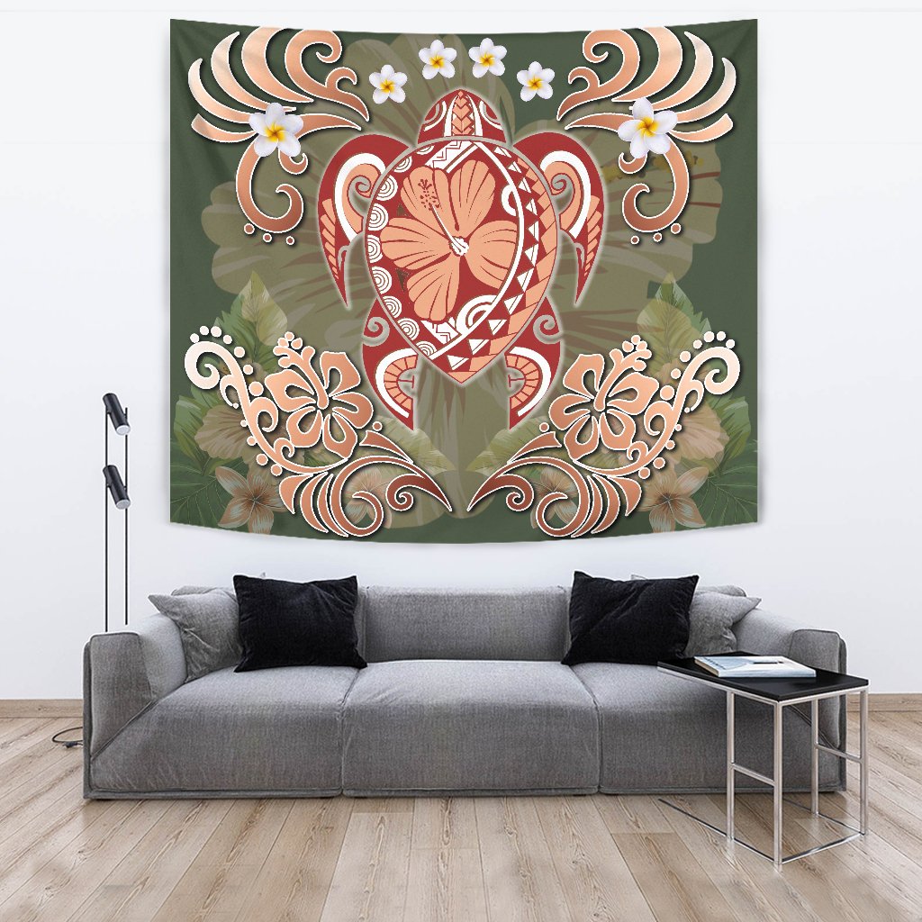 Hawaii Turtle Hibiscus Plumeria Tapestry - Jessi Style - AH Wall Tapestry Green - Polynesian Pride