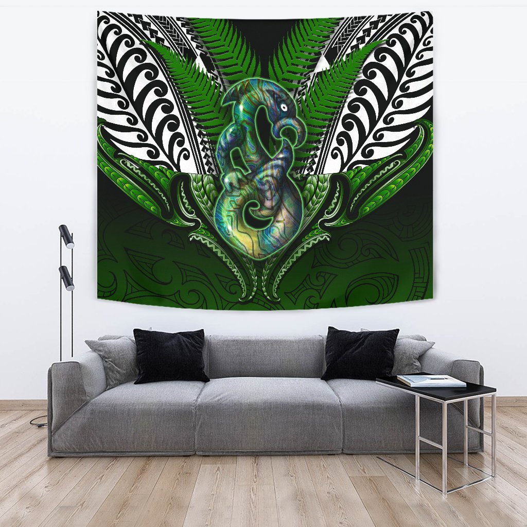 Manaia Mythology Tapestry Silver Fern Maori Tattoo Wall Tapestry Large 104" x 88" Green - Polynesian Pride