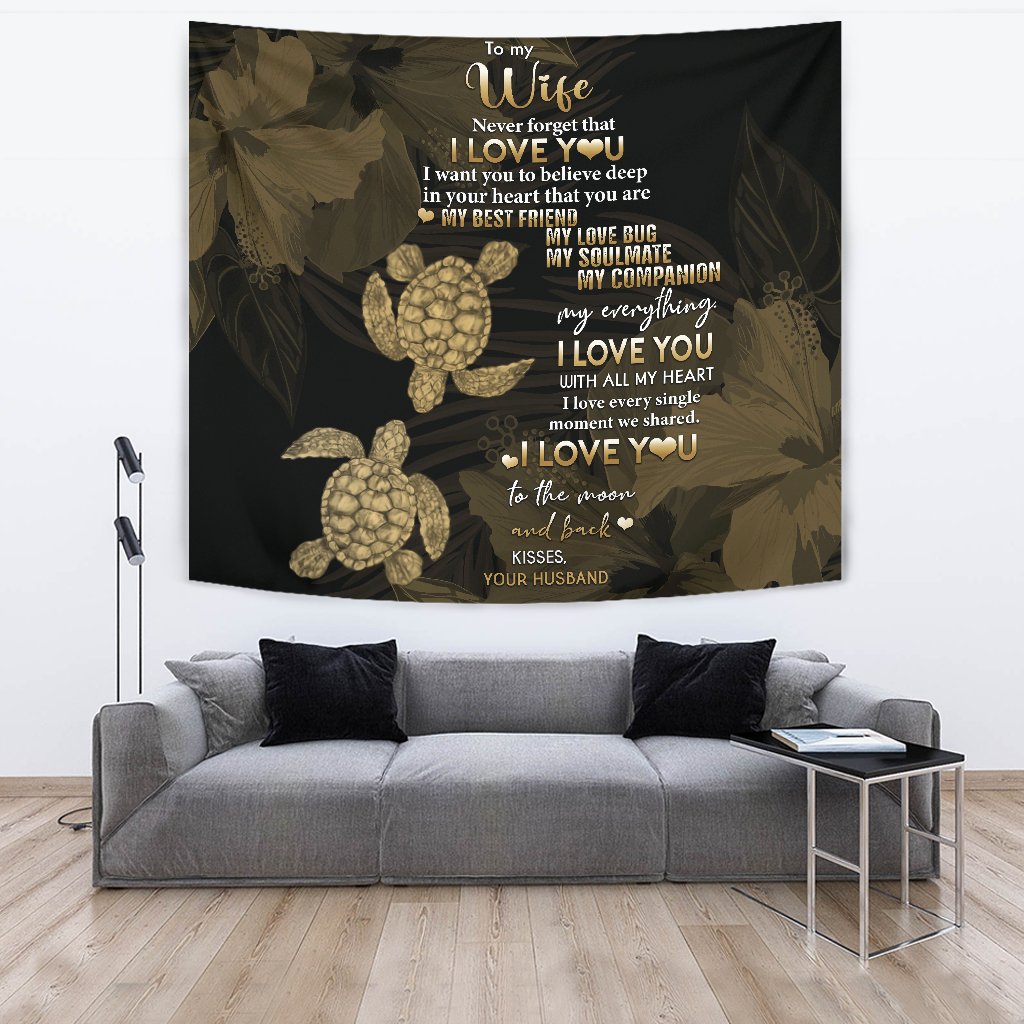 Hawaii Turtle Tapestry Hibiscus To My Wife Gold AH Wall Tapestry Gold - Polynesian Pride