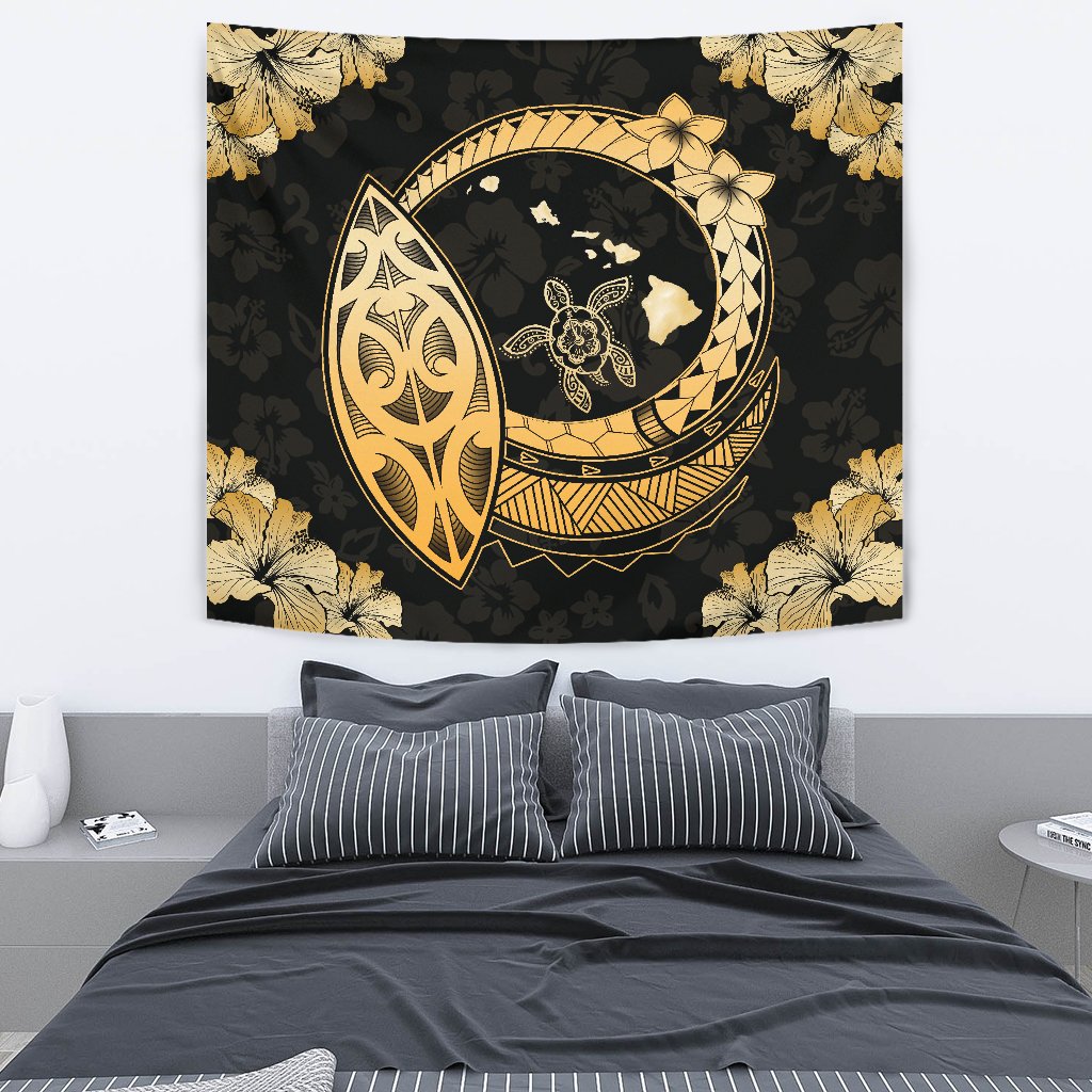 Hawaii Turtle Hibiscus Map Polynesian Tapestry - Polynesian Pride