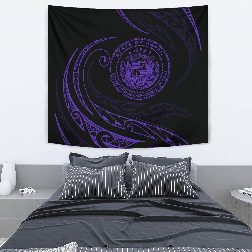 Hawaii Coat Of Arms Tapestry - Purple - Frida Style Wall Tapestry Black - Polynesian Pride