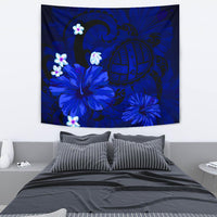 Hawaii Turtle Poly Tribal Blue Tapestry Wall Tapestry Medium 80" x 68" Blue - Polynesian Pride