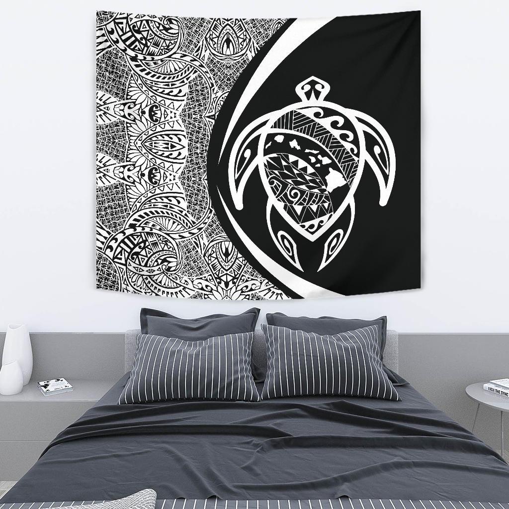 Hawaii Turtle Map Polynesian Tapestry - White - Circle Style Wall Tapestry White - Polynesian Pride