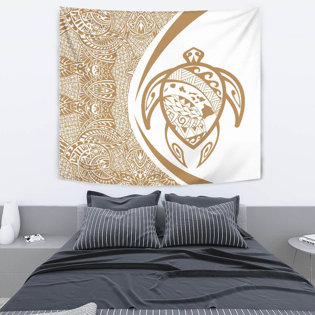 Hawaii Turtle Map Polynesian Tapestry - Circle Style Wall Tapestry 130cm*150cm Gold - Polynesian Pride