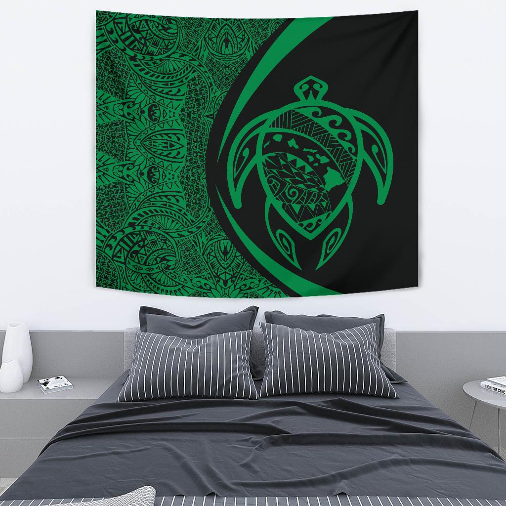 Hawaii Turtle Map Polynesian Tapestry - Green - Circle Style Wall Tapestry Medium 80" x 68" Green - Polynesian Pride