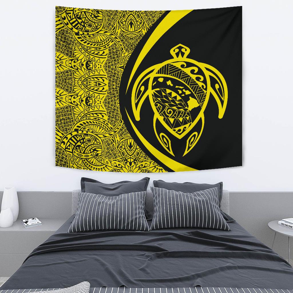 Hawaii Turtle Map Polynesian Tapestry - Yellow - Circle Style Wall Tapestry Yellow - Polynesian Pride