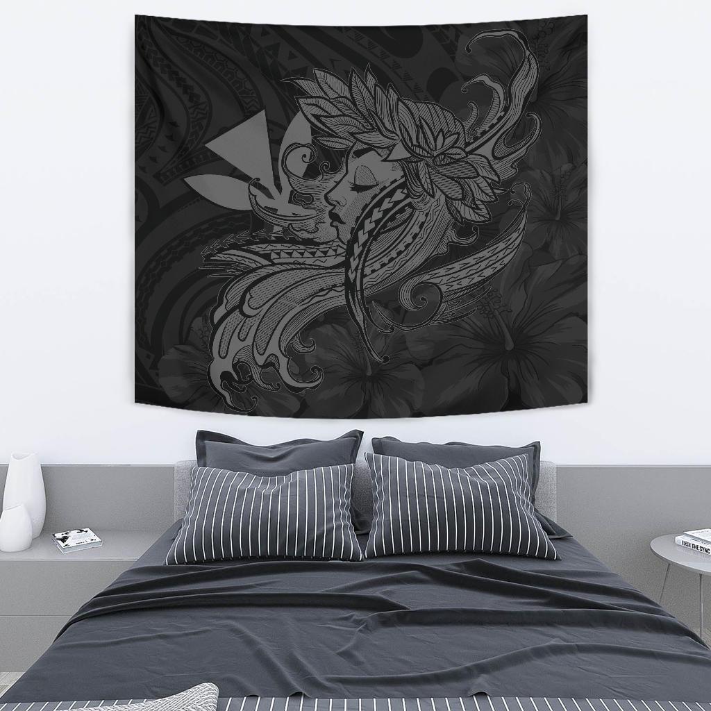 Hula Girl Hibiscus Kanaka Poly Tapestry - Gray Wall Tapestry Gray - Polynesian Pride