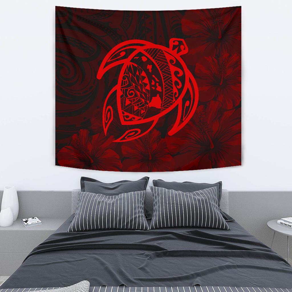 Hawaii Turtle Kanaka Map Hibiscus Poly Tapestry - Red Wall Tapestry 130cm*150cm Red - Polynesian Pride