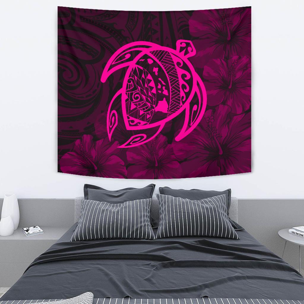 Hawaii Turtle Kanaka Map Hibiscus Poly Tapestry - Pink Wall Tapestry Pink - Polynesian Pride