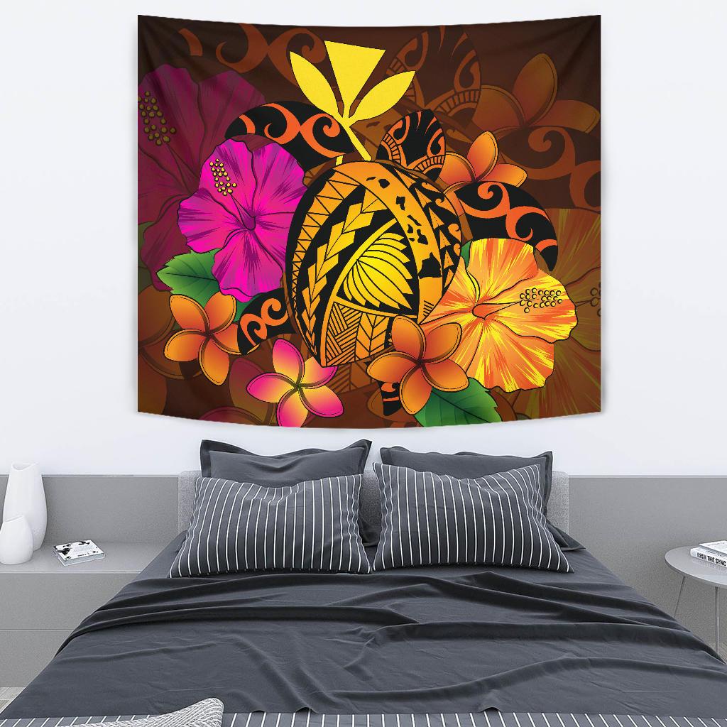 Hawaii Turtle Tribal Map Hibiscus Plumeria Tapestry Wall Tapestry Medium 80" x 68" Orange - Polynesian Pride