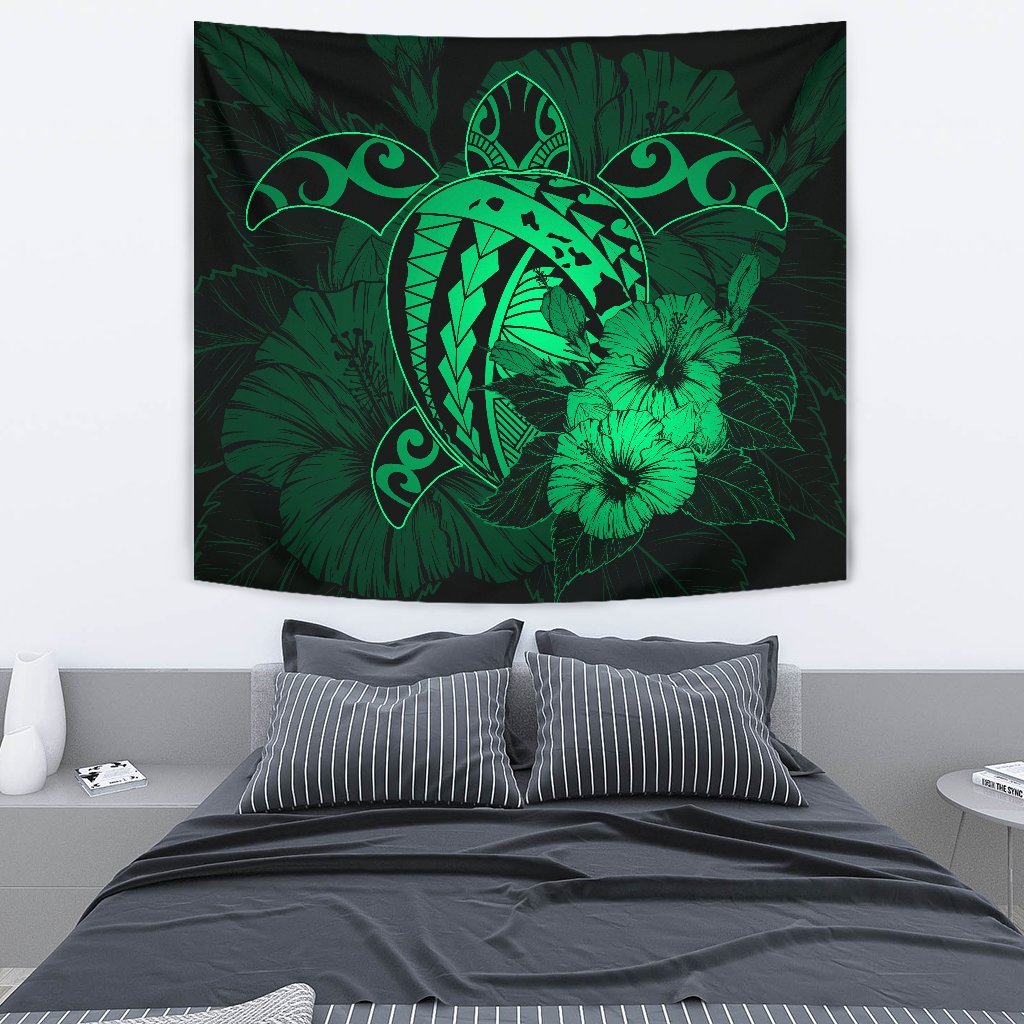 Hawaii Hibiscus Tapestry - Harold Turtle - Pastel Green Wall Tapestry Medium 80" x 68" Green - Polynesian Pride
