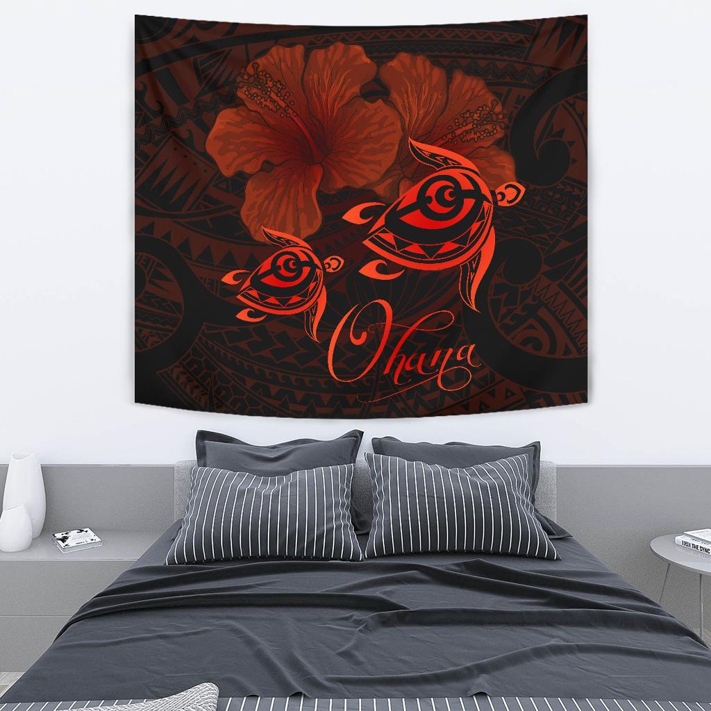 Hawaii Turtle Ohana Hibiscus Poly Tapestry - Orange Wall Tapestry 130cm*150cm Orange - Polynesian Pride