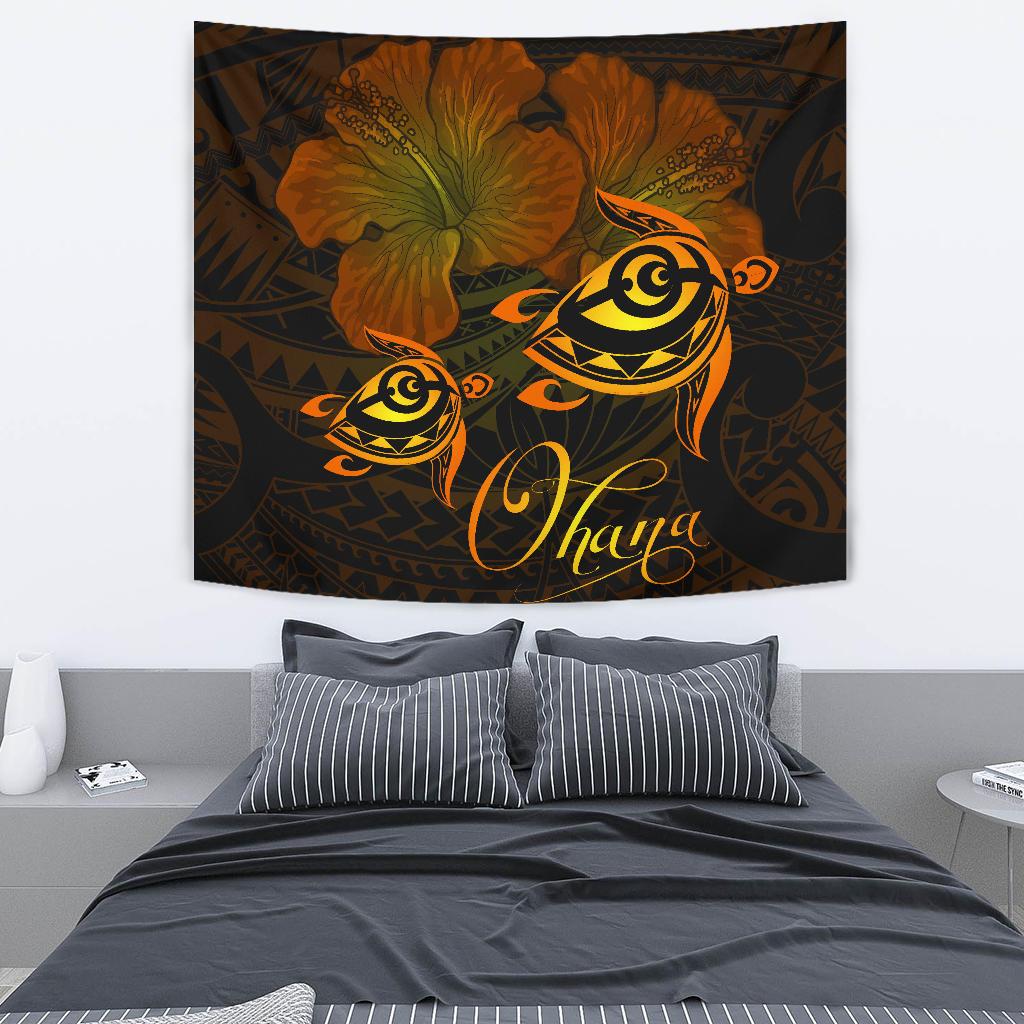 Hawaii Turtle Ohana Hibiscus Poly Tapestry - Yellow Wall Tapestry 130cm*150cm Yellow - Polynesian Pride